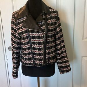 Zara Motorcycle Tweed Jacket with Faux Leather Accents S